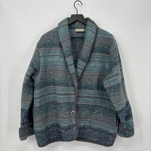 Cedar Canyon Cardigan Jacket Womens Large Blue Teal Southwestern Aztec Boho Cozy